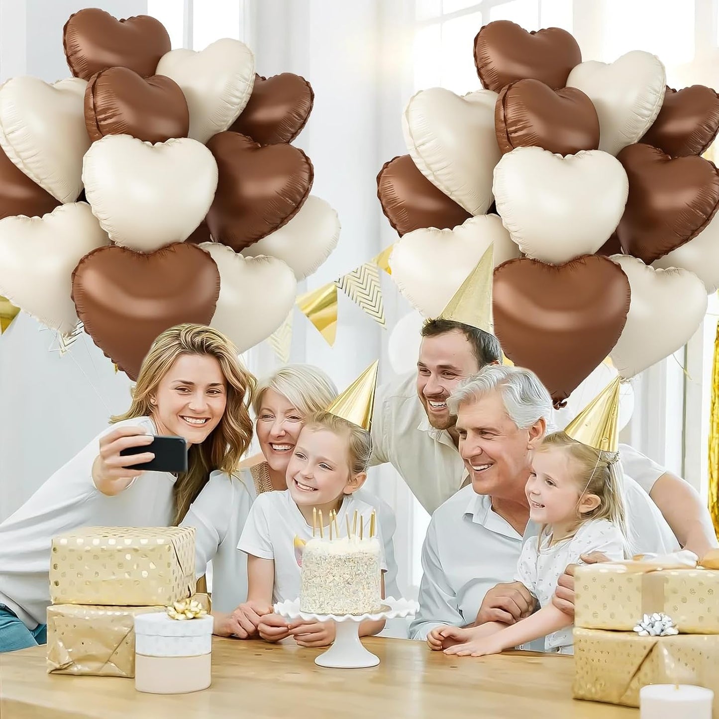 Sand White Brown Heart Balloons,12Pcs 18Inch Cream White Coffee Brown Heart Shaped Foil Helium Balloons for Baby Shower Birthday Anniversary Wedding Engagement Party Decorations