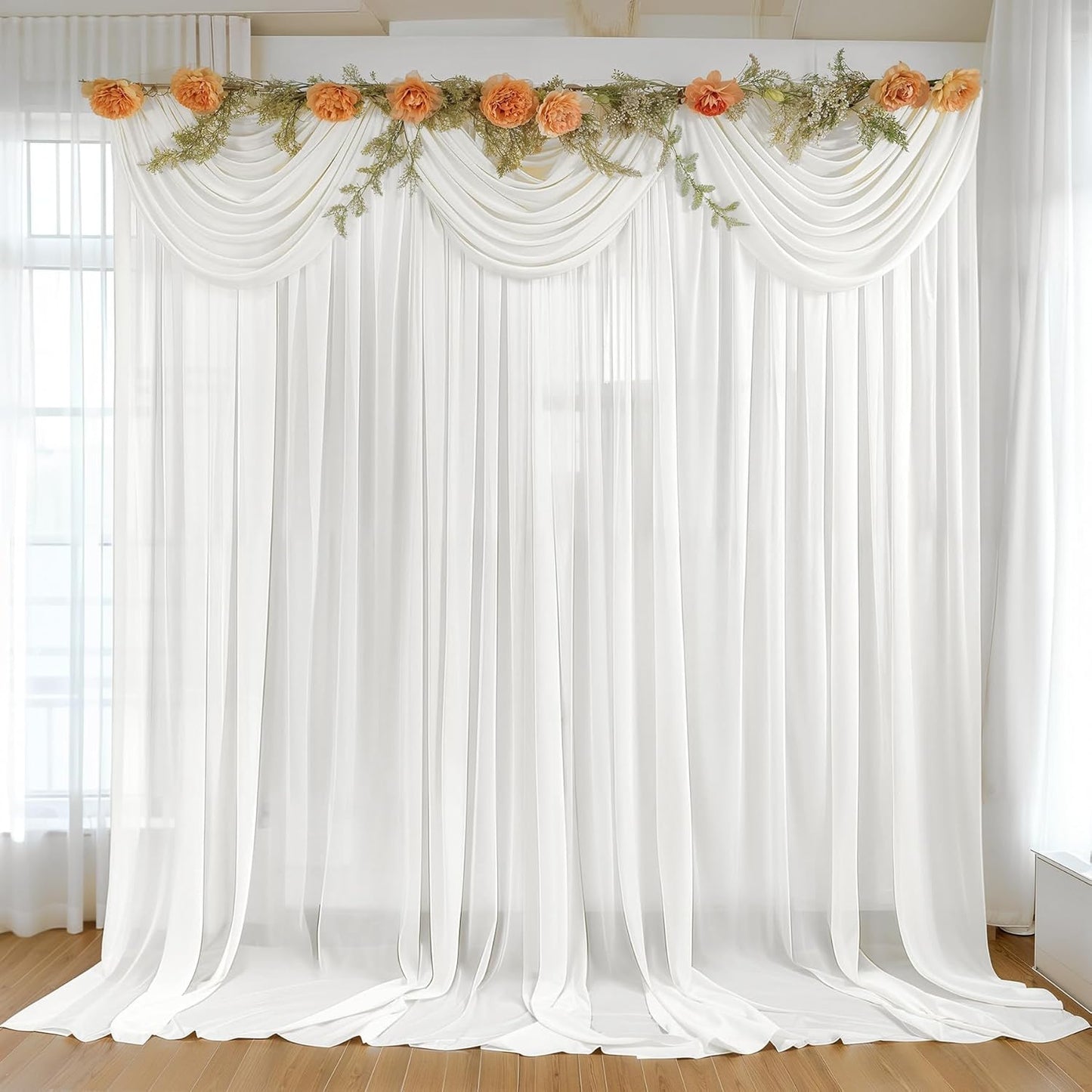 10ft x 10ft Cream White Backdrop Curtains, Wrinkle-Free Sheer Chiffon Fabric Photo Backdrop Drapes for Wedding Arch Party Ceremony Stage Photography Decorations