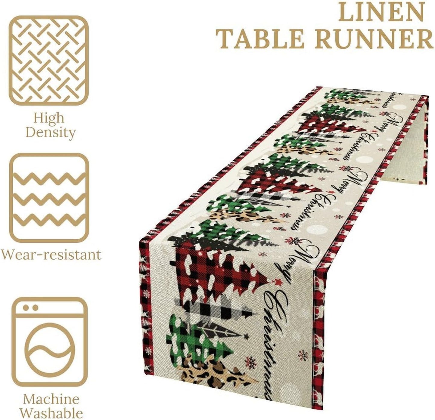 Christmas Tree Table Runner,Farmhouse Xmas Trees Buffalo Plaid Winter Snowflake Tablecloth Burlap for Hotel Indoors Outdoor Dining Room Kitchen Home Decor,W13X L70 in