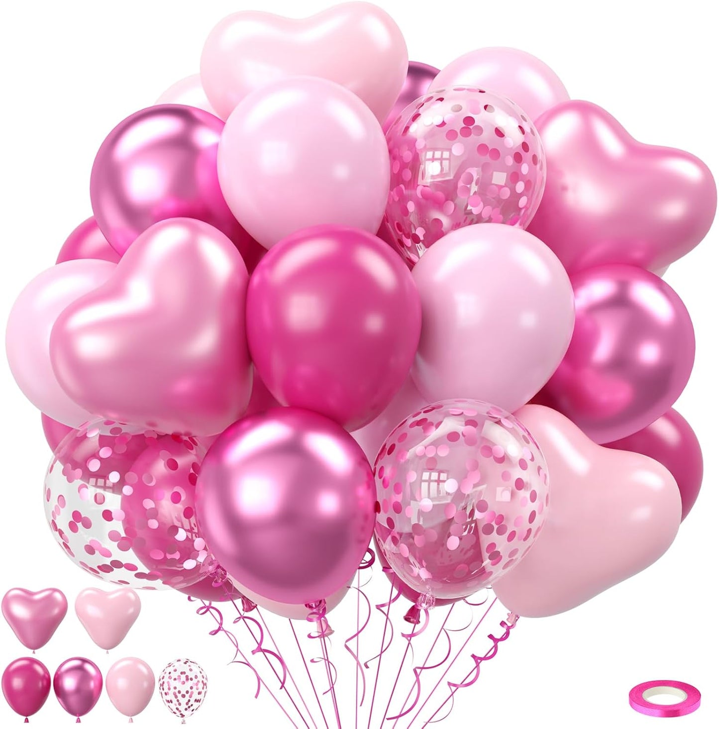 Hot Pink Balloons, 60pcs Metallic Pink Magenta Balloons With Macaron Heart Latex Balloon Confetti balloon For Girls Women Princess Birthday Baby Shower Bridal Shower Engagement Party Wedding Decor