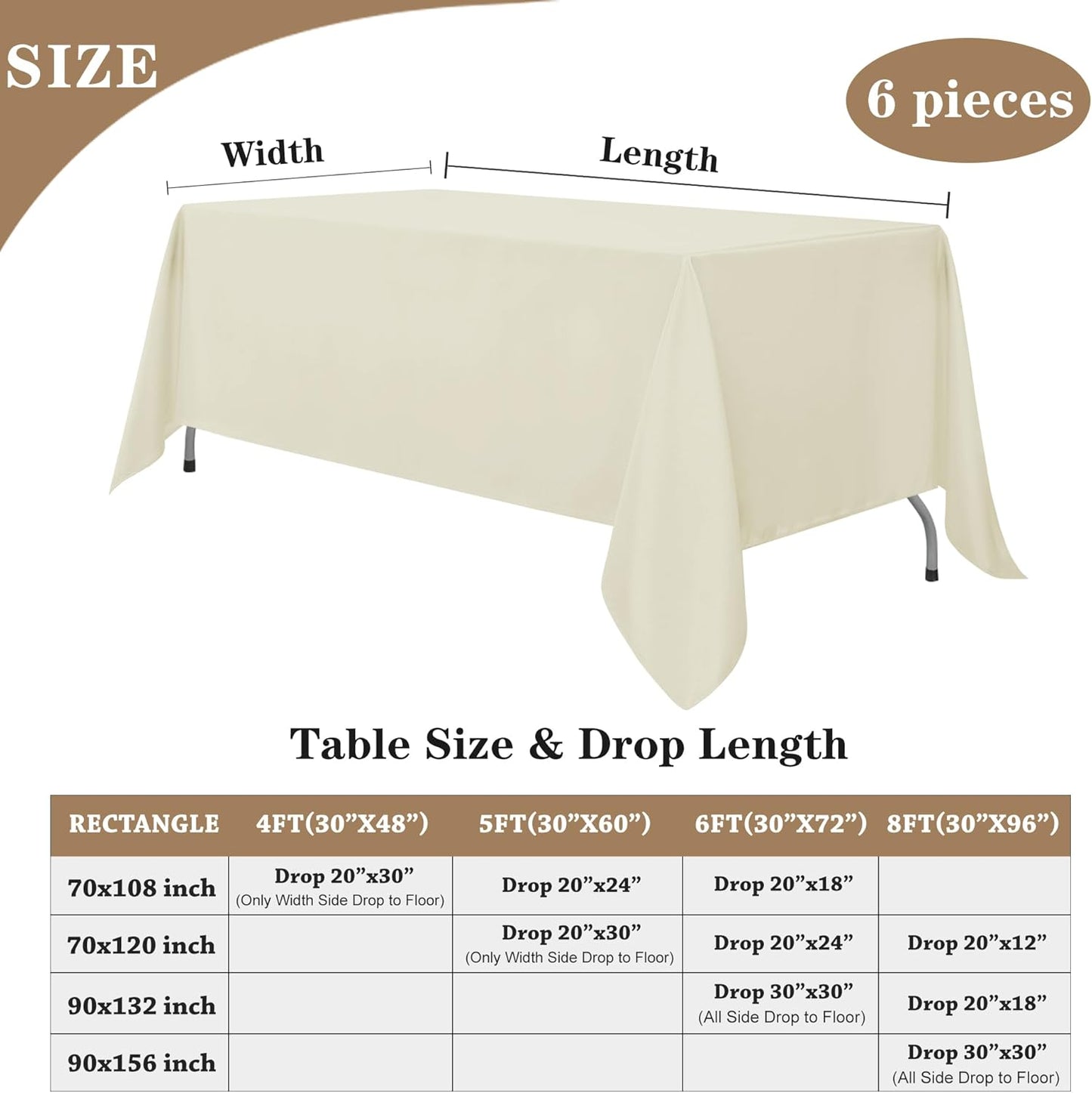 Fitable Elegant Rectangle Table Clothes, 6 Pack - 90 x 132 Inch, Ivory - Reusable and Washable Tablecloths, Polyester Fabric Table Covers for Wedding, Party, Banquet, Formal Events