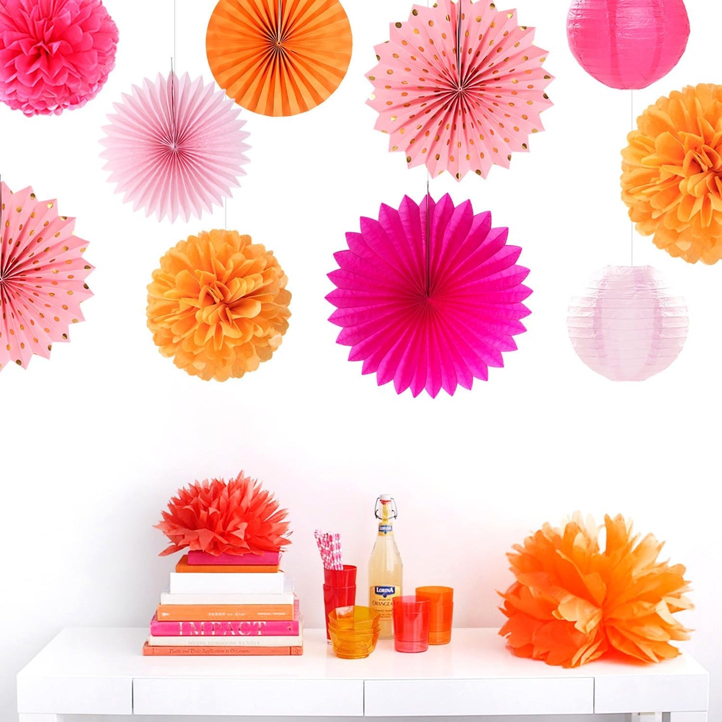 Hot-Pink Burnt-Orange Fall Party Decorations - 33pcs Birthday Baby Shower Banner,Streamers Tassel Garland,Sunset Autumn Thanksgiving Tissue Pom Poms,Paper Lantern Fans,Wedding Backdrop Decor Hugtmr