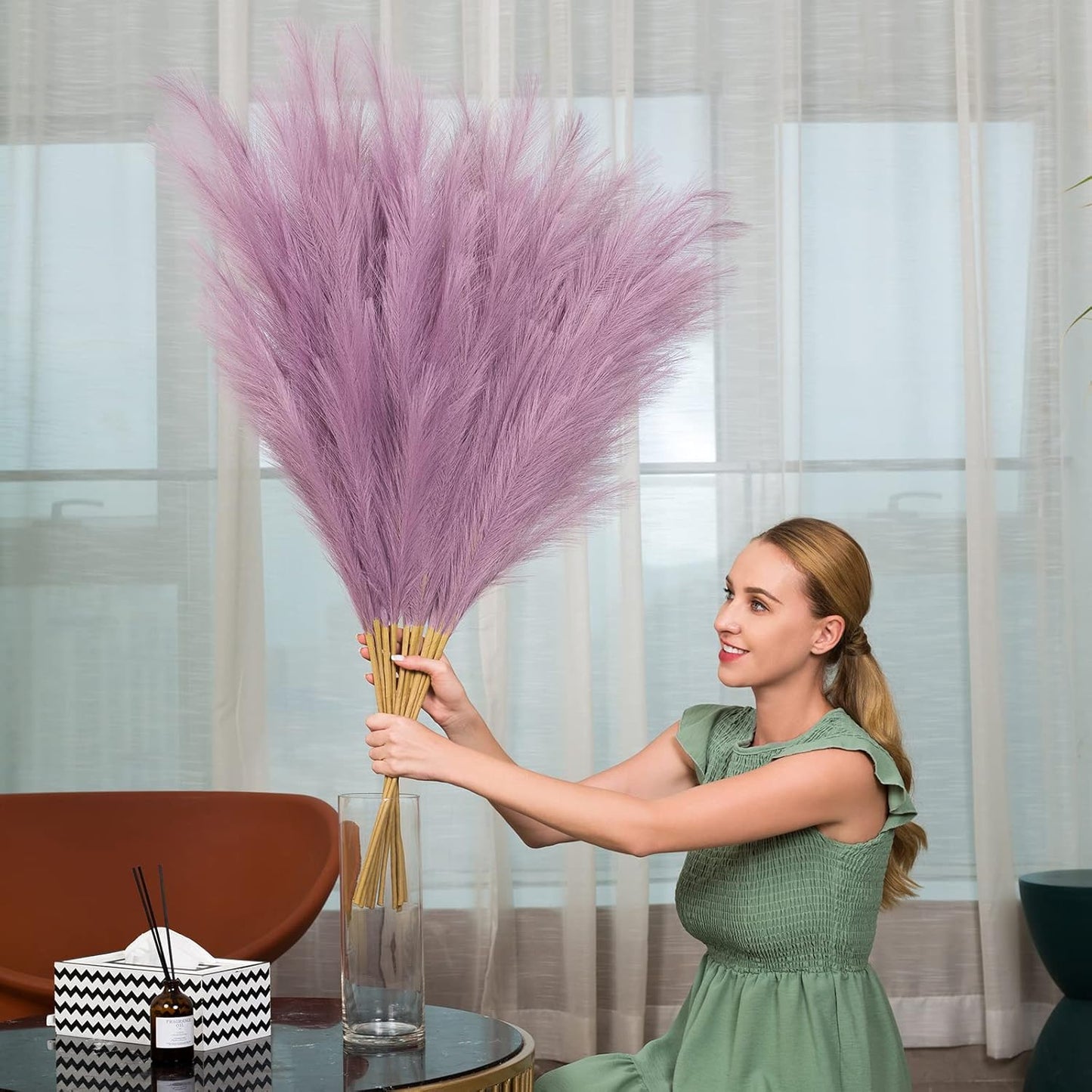 EVODIS Pampas Grass Decor Tall, 43"/110cm Faux Pampas Grass 6 Stems Large Pompass Grass Branches Tall Bulk Boho Flower Arrangement for Home Room Wedding Party Decor (Light Purple)