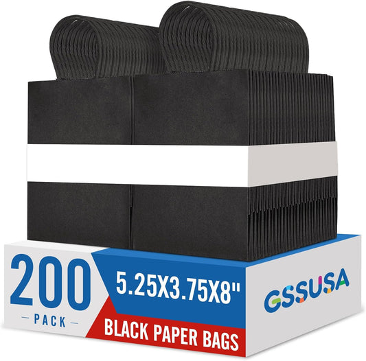 GSSUSA 200 Pack Black Paper Gift Bags 5.25x3.75x8'', Black Kraft Bags with Handles Bulk for Shopping, Craft, Grocery, Party, Retail, Lunch, Business, Wedding, Merchandise, Boutique