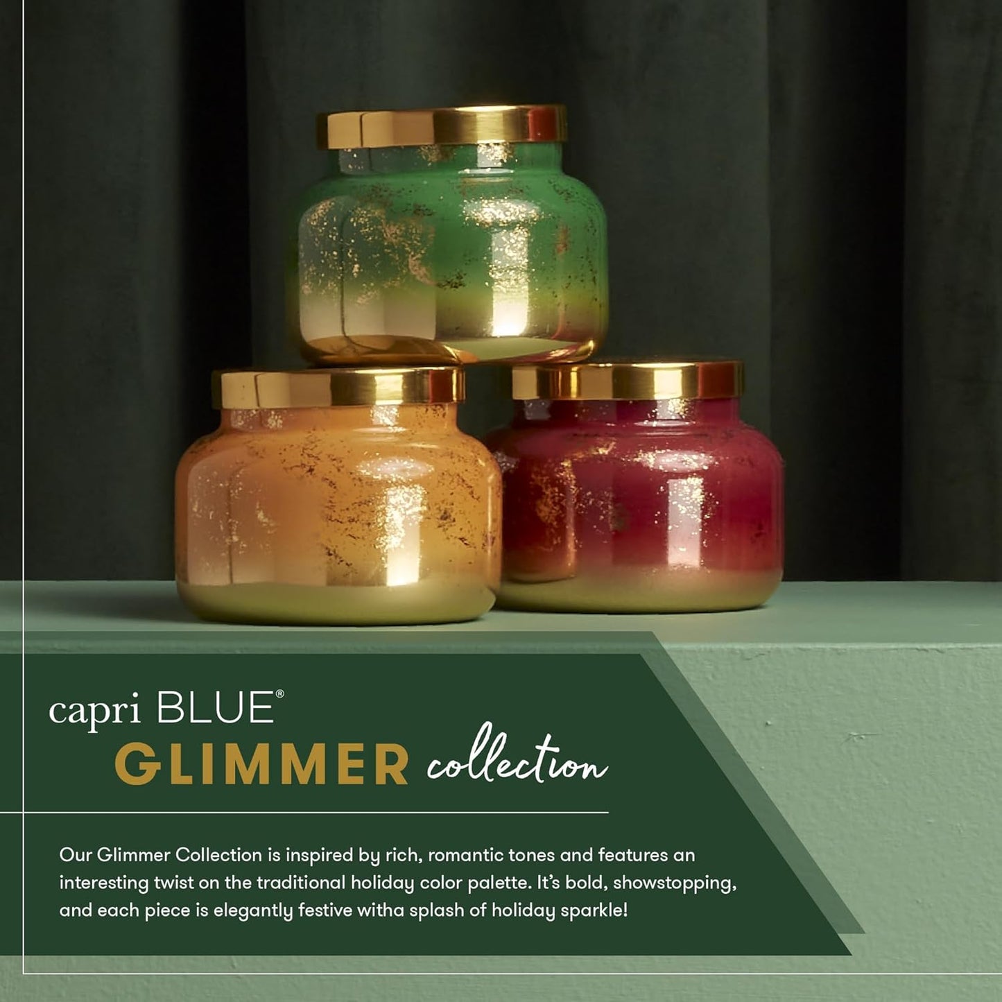 Capri Blue Crystal Pine Scented - Glimmer Inverted Jar Candles - Soy Candles - Holiday Candle with Emerald Green & Gold Ombre Glass Candle Holder (10 oz)