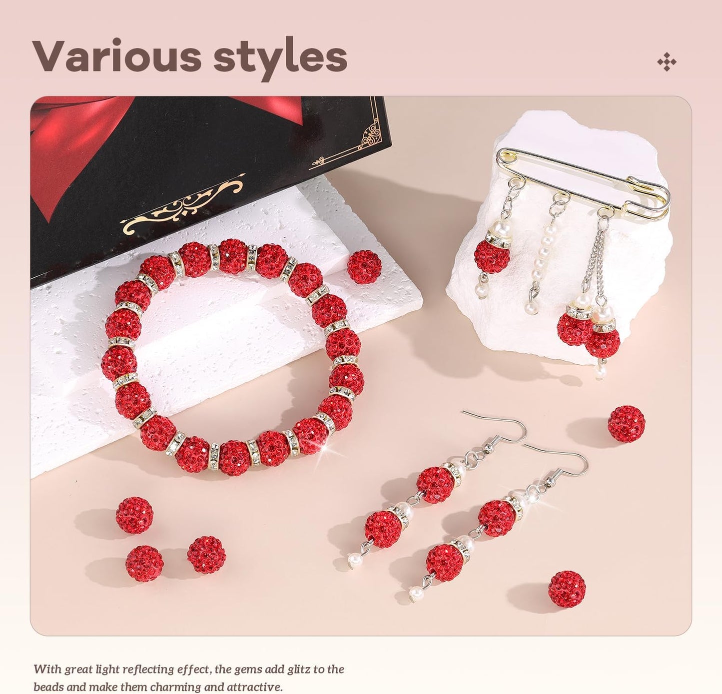 105pcs 10mm Rhinestone Beads for Jewelry Making, Red Shiny Round Disco Ball Beads Bulk, Sparkle Crystal Clay Christmas for Bracelet Baseball Necklace Earring Crafting and DIY