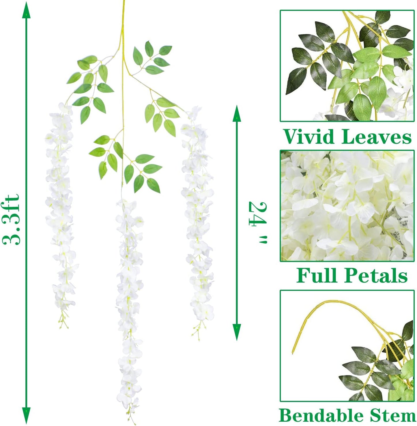 24 Pack Artificial Fake Wisteria Vine Ratta (3.75 Feet) Hanging Garland Silk Flowers String Home Party Wedding Decor (White)