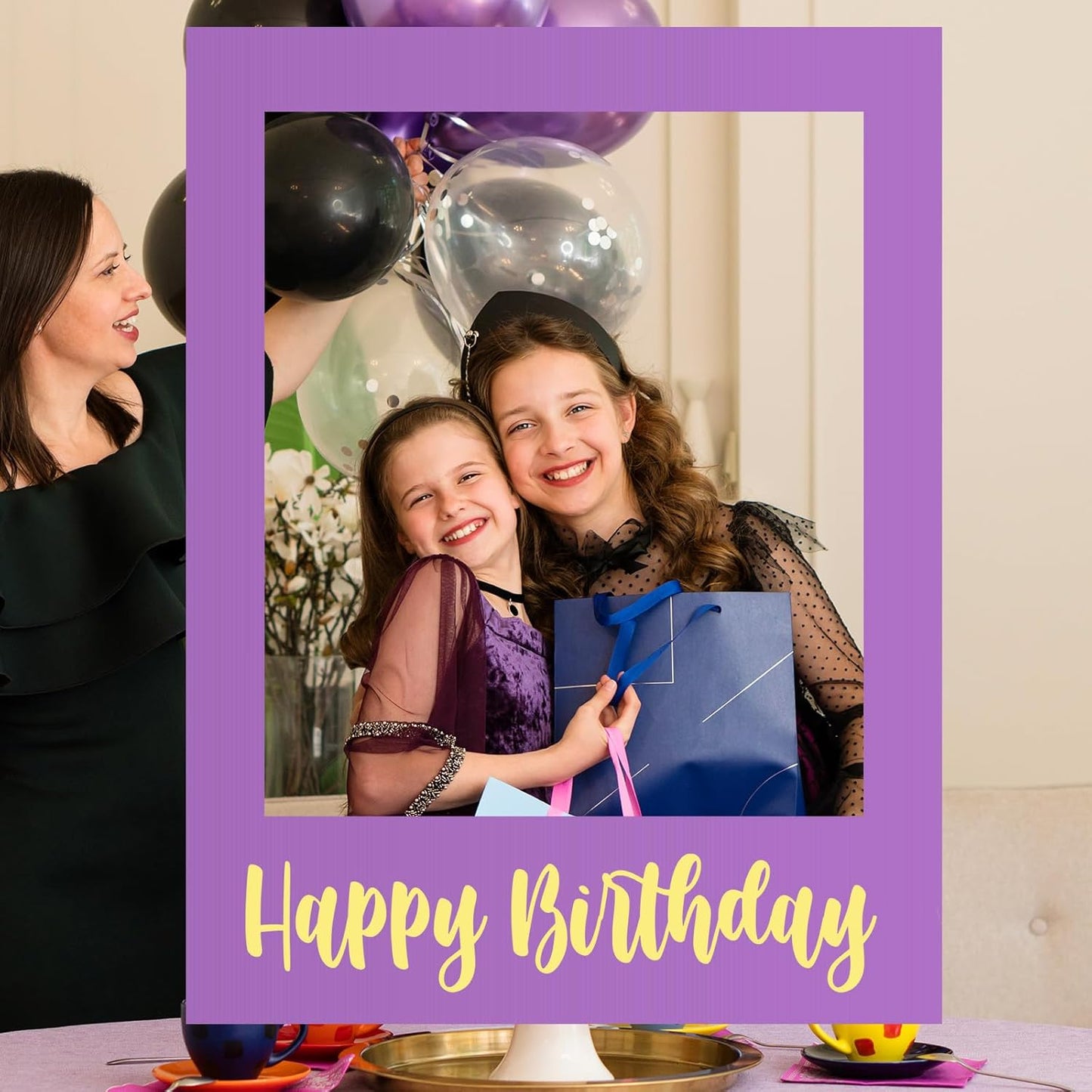 32 x 24 Inch Large Photo Booth Props Picture Frame Happy Birthday Party Frame DIY Cutouts Photo Booth Props Selfie for Party Supplies Favors(Purple Gold,Happy Birthday)