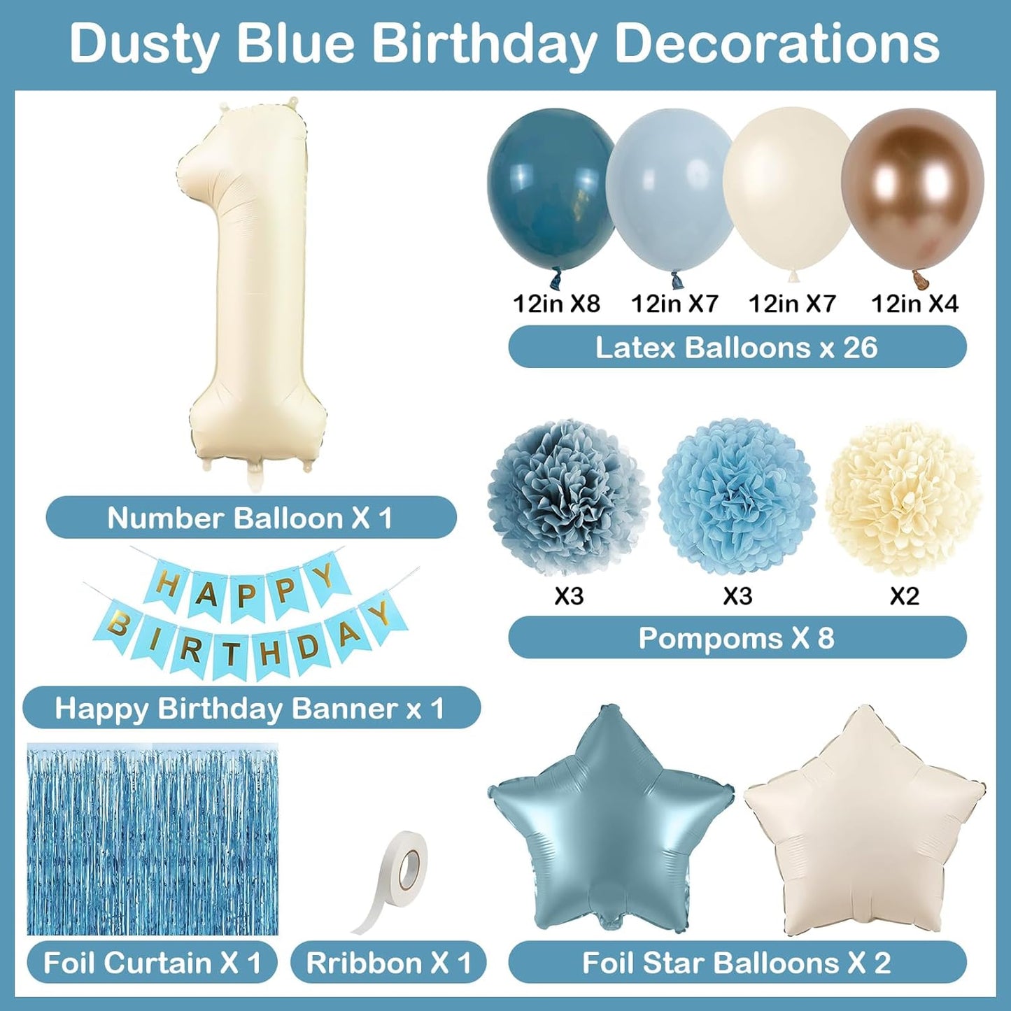 Dusty Blue 1st Birthday Decorations Beige Cream Number 1 Balloon with Blue Gold Happy Birthday Banner Fringe Curtain Paper Pom Poms Nude White Sand Champagne Star Foil Balloons Party Decor