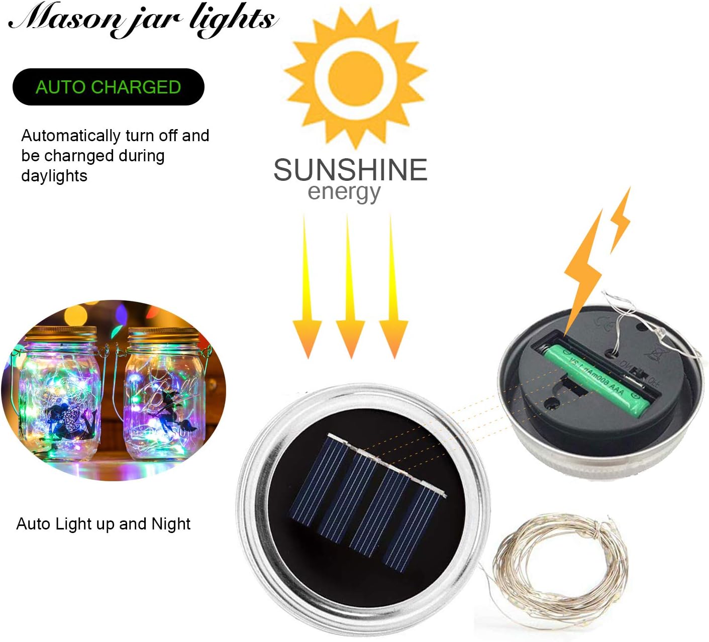 VOOKRY 6 Pack Solar Mason Jar Lights, 30 LED Mason Jar Lids Waterproof Firefly Fairy String Lights with 6 Hangers(No Jars), for Outdoor Patio Garden Yard Lawn Party Wedding Decoration - Multicolor