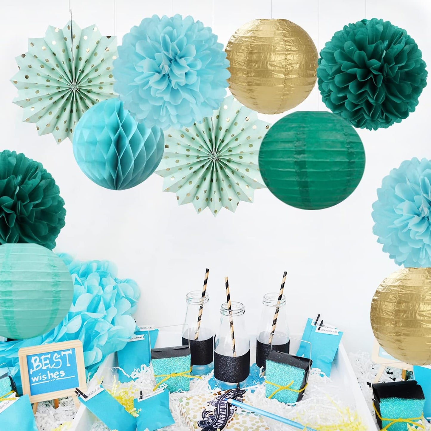Sage-Green Teal-Blue Party-Decorations Streamers Lanterns - 14pcs Rustic Wedding Baby Shower Paper Lanterns Fan,Tissue Pom Poms,Honeycomb Balls,Birthday Bachelorette Engagement Bridal Decor Ouruola