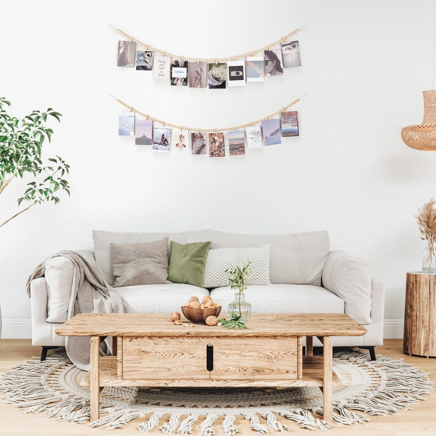 Mkono Hanging Photo Display with Clips, Boho Wooden Bead Garland Banner, Collage Card Picture Kids Art Holder String with 10 Clips for Christmas Bedroom Dorm Decor, Teen Girl Gifts, Brown, 2 Pack