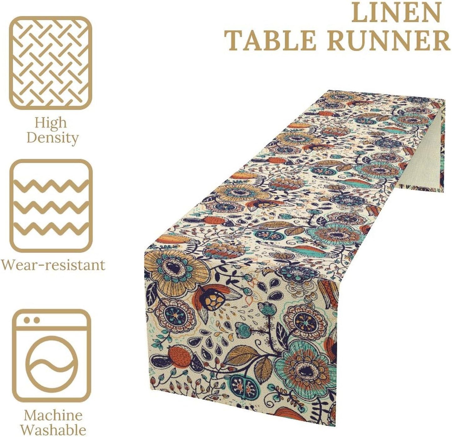 Boho Floral Table Runner,Vintage Flowers Tropical Plants Country Style Table Cloth Kitchen Dining Table Home Party Decoration 13x36 Inch