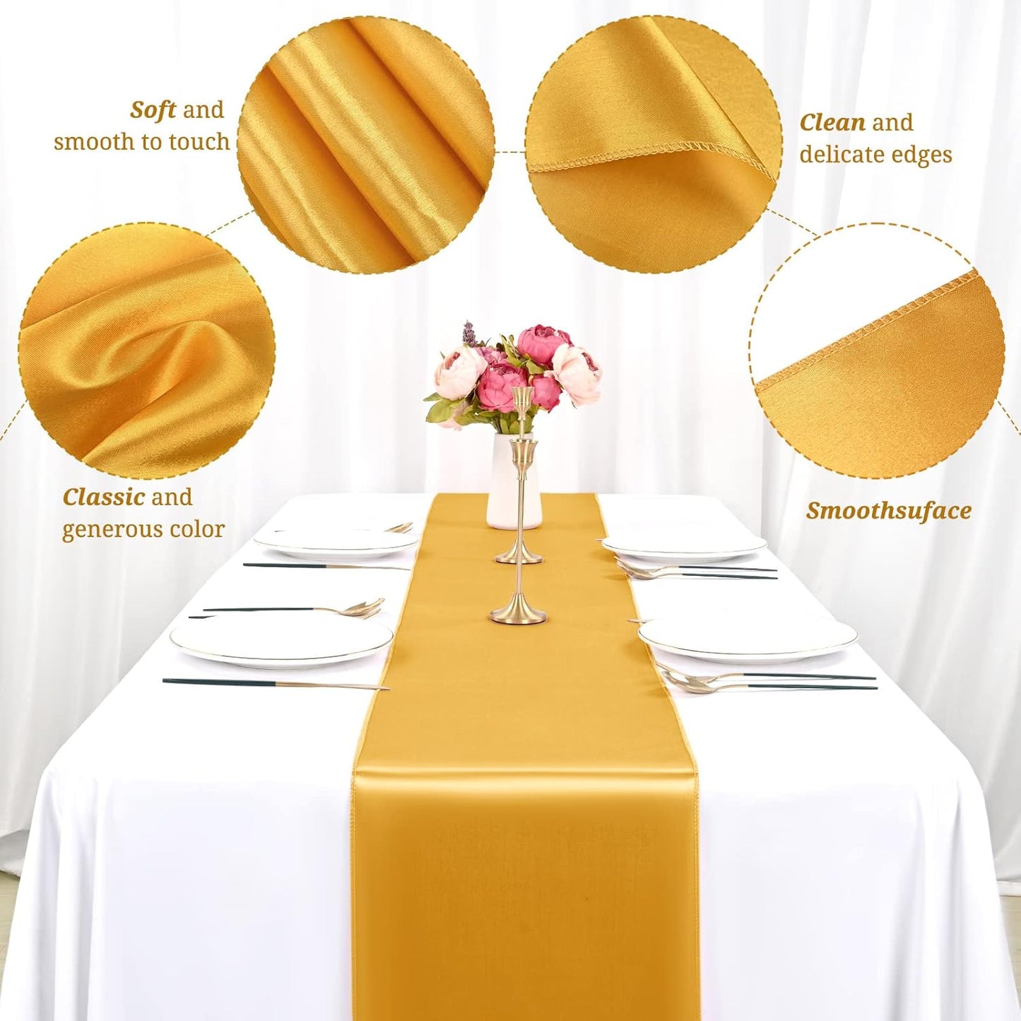 20 Pack Gold Satin Table Runner,12 x 108 inch Long Premium Smooth Gold Table Runners for Wedding, Banquets, Birthday, Party, Engagements,Table Runners fit Rectangle and Round Table