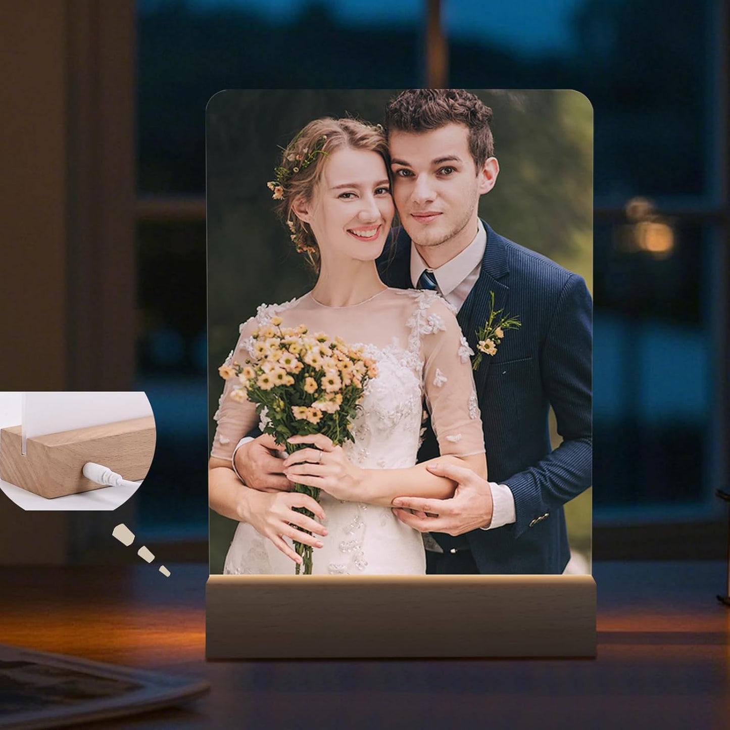 6" x 8"- 4 pcs Acrylic 2 pcs Frame Sublimation LED Acrylic Photo Frames Night Lights Blanks Heart Shape,with Warm Color Light with Wood Stand for Heat Press Machine Printing