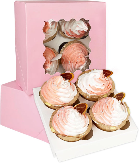 Bakepacker Auto-pop up 4 Cupcake Boxes with Window 20 Count Pink Box 6.3 x 6.3 x 3inch Cupcake Carrier