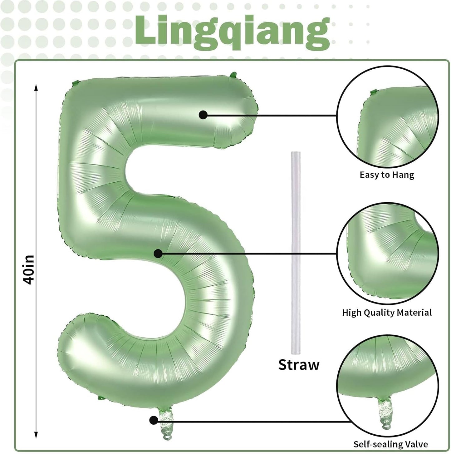 Sage Green 5 Balloons, 40" Giant Helium Foil Number 0-9 Olive Green Birthday Balloon for Boys Girls, Self Inflating Digit 5 Balloons for Women Men Anniversary Jungle Safari Party Decorations Supplies