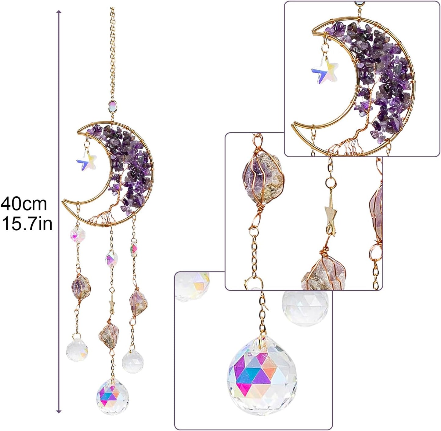 TUOKING Amethyst Crystal Moon Suncatchers for Window Hanging Tree of Life Natural Healing Stones Wind Chimes Sun Catcher Rainbow Maker Good Luck Gifts Decor for Home Garden
