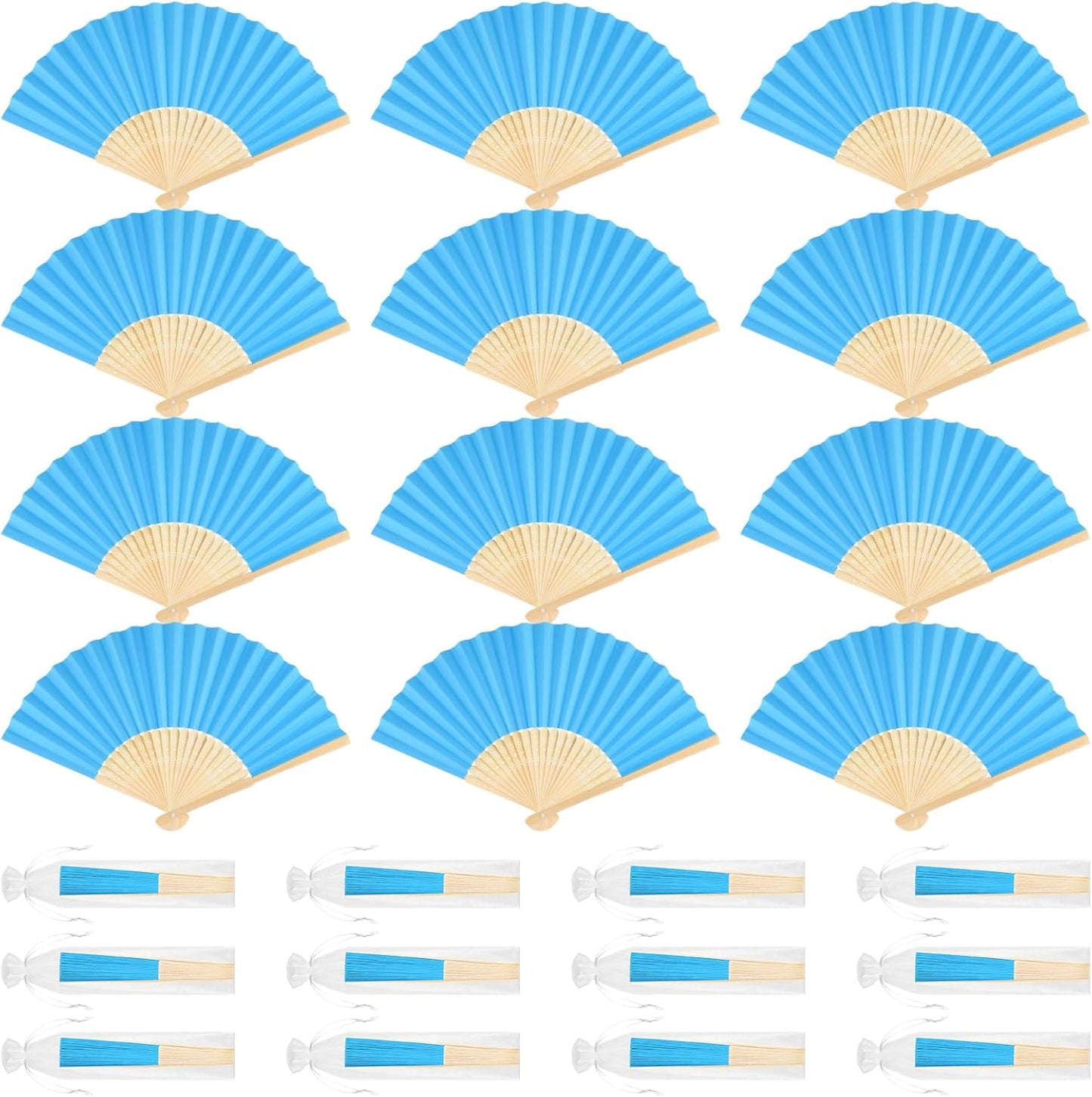 12 Pieces Blue Hand Held Bamboo Folding Fans Paper Fans Handheld for Women Foldable Girls Wedding DIY Decoration Church Home Party Favors Summer