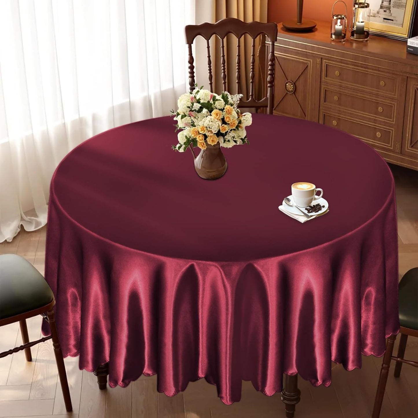 KKJIAF 1 Pack Round Table Cloths 90 Inch, Burgundy Overlay Round Satin Table Cover, Silky Satin Dining Tablecloths for Wedding Buffet Parties Banquet Decoration