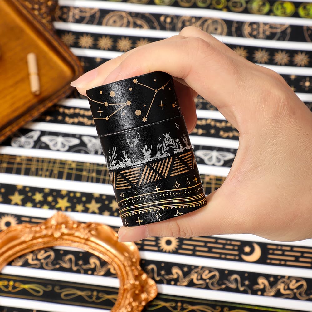 36 Rolls Glow-in-The-Dark Starry Washi Tape Set with Gold Foil Celestial Patterns - Writeable Decorative Tapes for Scrapbooking, Bible Journaling, Bullet Journals 0.6" x 79" per Roll