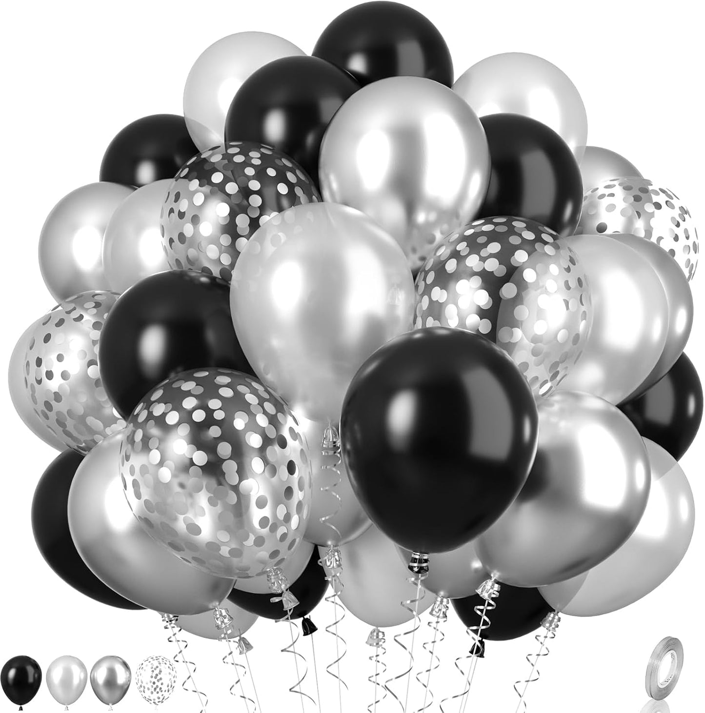 Black and Silver Balloons, Metallic Silver and Black Balloons Pearl Silver Confetti Balloons Party Balloons Chrome Latex Balloons for Kids Adults Birthday Wedding Baby Shower Graduation