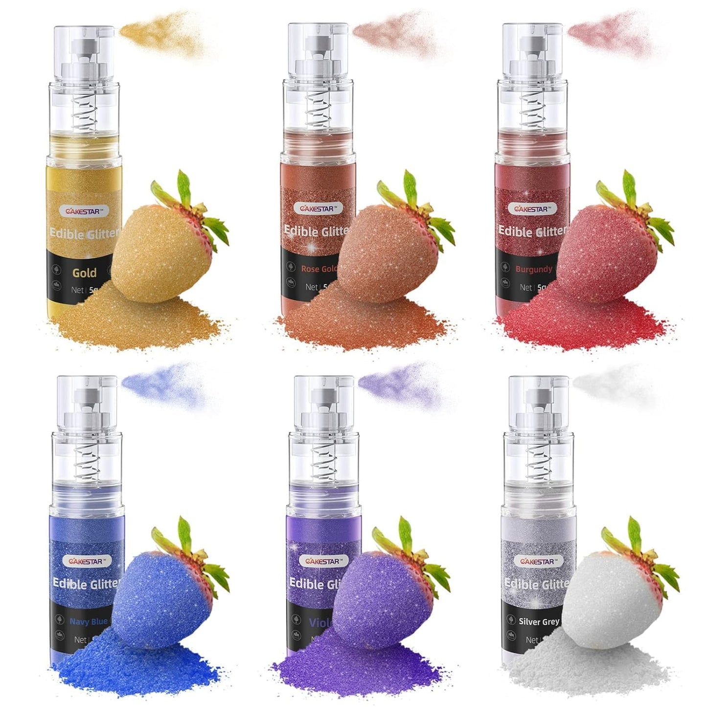 Edible Glitter Spray, Edible Luster Dust, 6 Colors, Edible Glitter for Cocktails, Powder for Cake Decorating, Baking, Drinks, Fondant, Candy, Cookie, Strawberry, 5g/bottle