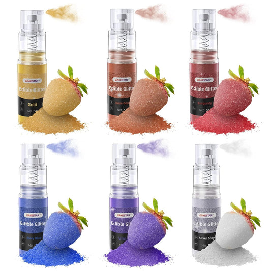 Edible Glitter Spray, Edible Luster Dust, 6 Colors, Edible Glitter for Cocktails, Powder for Cake Decorating, Baking, Drinks, Fondant, Candy, Cookie, Strawberry, 5g/bottle