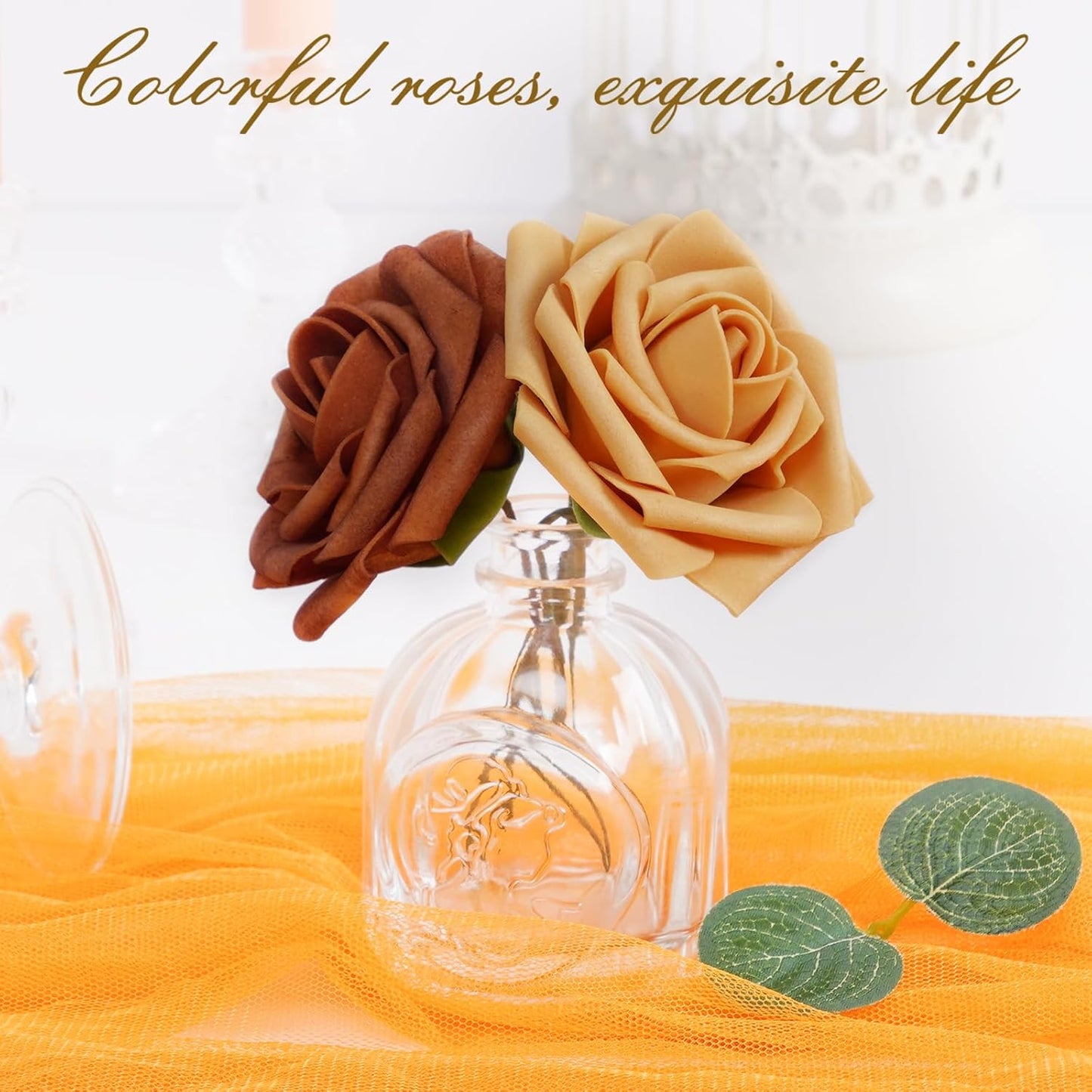 BLEUM CADE 16Pcs Artificial Flowers Fake Roses with Stems, Gradient Burnt Orange Boxed Foam Roses for DIY Bouquets Centerpieces Wedding Party Arrangement Bridal Shower Decor