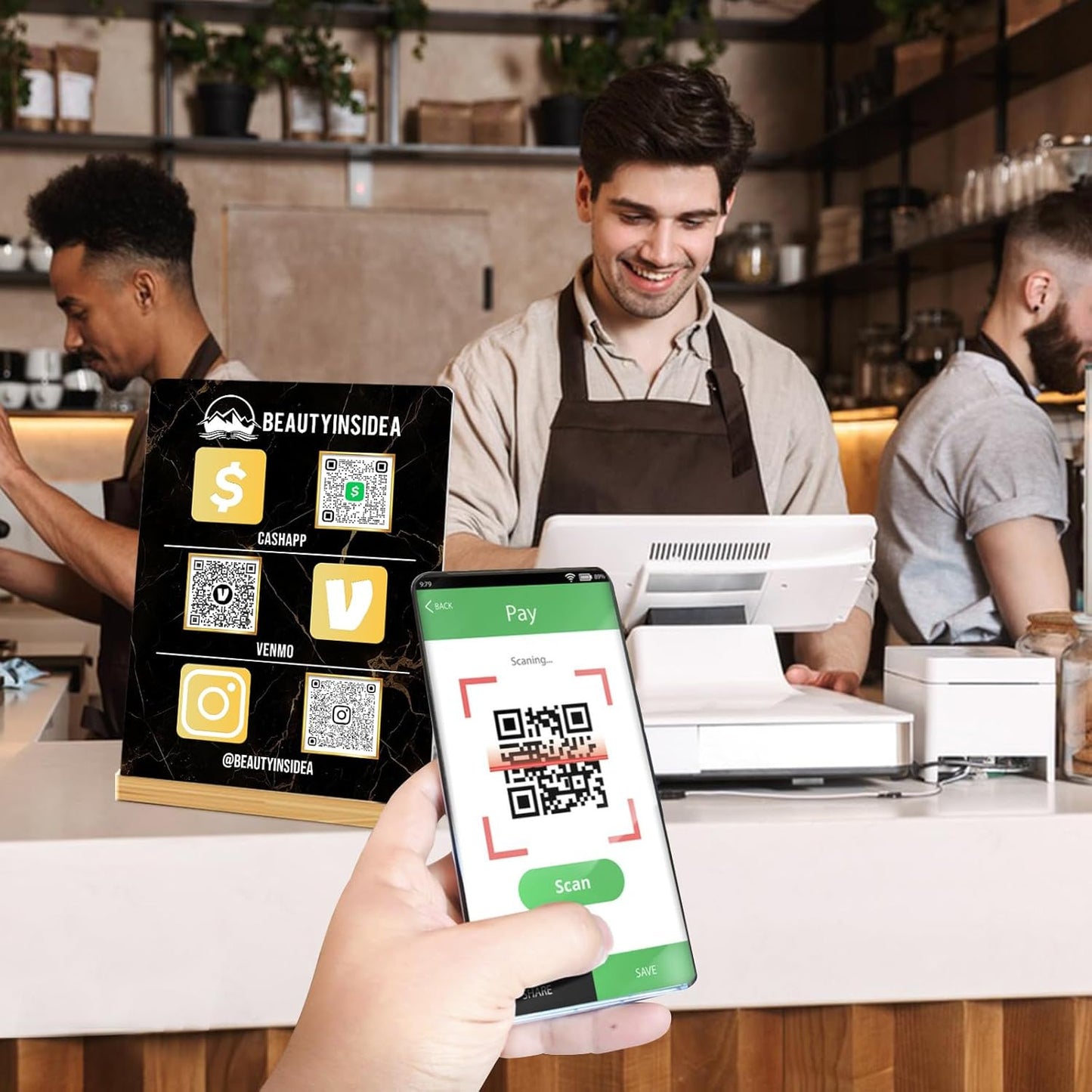 Personalized Custom Metal QR Code Sign Venmo Cashapp Scan to Pay with Stand Instagram Facebook Social Media QR Signs Bar Code QR Plaque Print for Business Salon Beauty Store Restaurant Wifi Sign