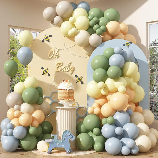 Blue and Green Balloon Arch Kit 115Pcs Dusty Blue Sage Green Balloons Garland Slate Yellow Cream Nude Beige White Sand Birthday Party Balloons for Boys Bear Bee Honeycomb Baby Shower Decorations