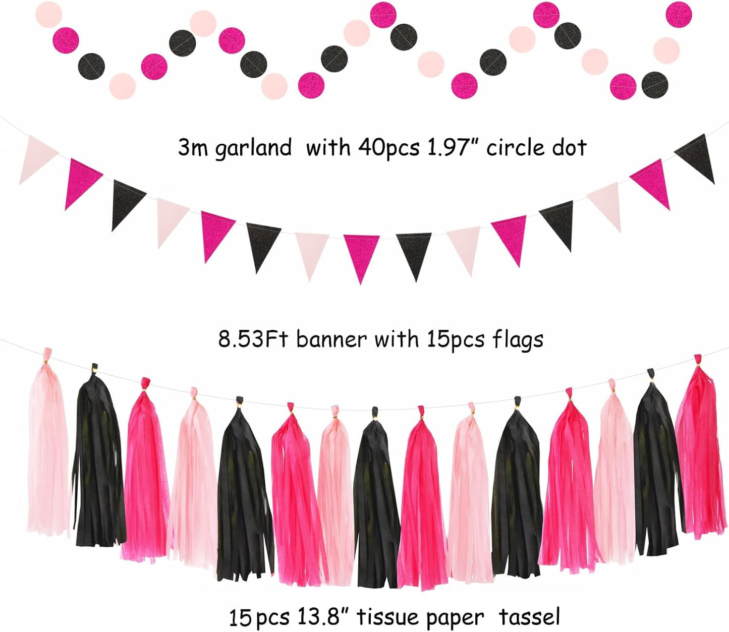 Hot-Pink Black Party-Decorations - 33pcs Baby Girl Women Birthday Banner,Streamers Tassel Garland,Birthday Tissue Pom Poms Honeycomb,Paper Lantern Fans,Wedding Bachelorette Graduation Decor Hugtmr