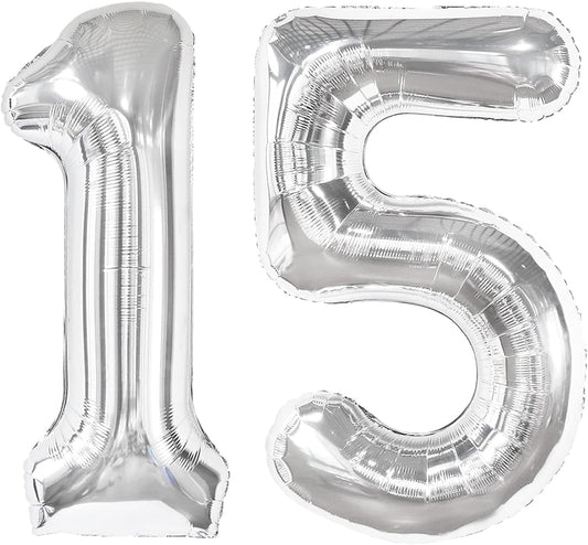 Silver 40 Inch Large Number 15 Birthday Balloon, Five 15th 51 Birthday Celebration Decorations, Foil 15 Mylar Helium Number 15 Balloons Girl Boy Anniversary Party Supplies