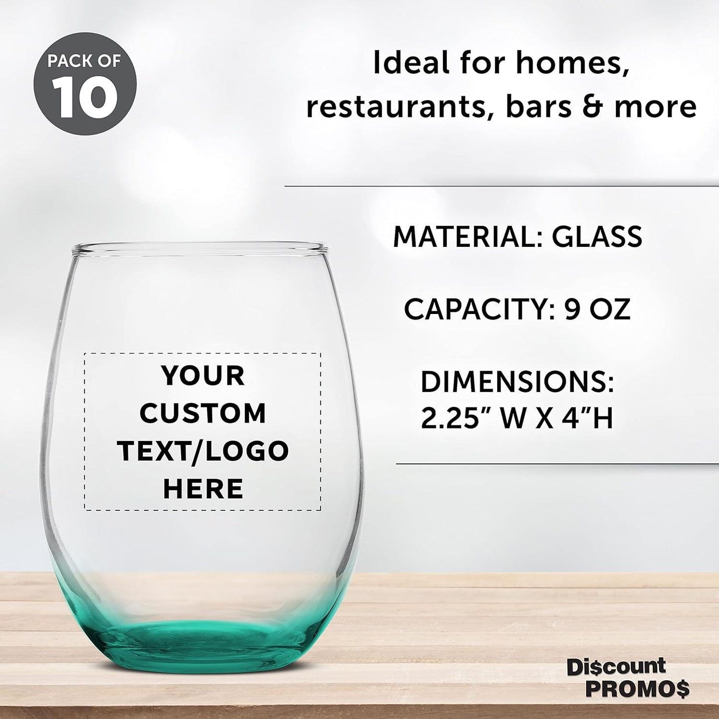 Custom Stemless Wine Glass 9 oz. Set of 10, Personalized Bulk Pack - Great for Wedding Favors, Bachelorette Party Decorations, Party Favors, Color Bottom - Green