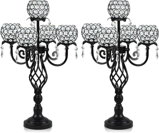 5-Arm Crystal Candelabra Centerpiece 23.2" Tall - Elegant Candle Holder Stand with Crystal Bowl, Chic Table Decor for Weddings, Parties, Anniversary & Home Decoration (2, Black)