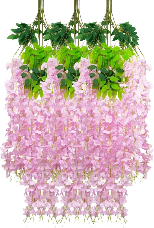 12 Pack Pink Wisteria Hanging Flowers Garland, 3.77 Feet Artificial Flower Vines, Fake Wisteria, Artificial Vines Hanging Garland for Backdrop Outdoor Yard Garden Decor