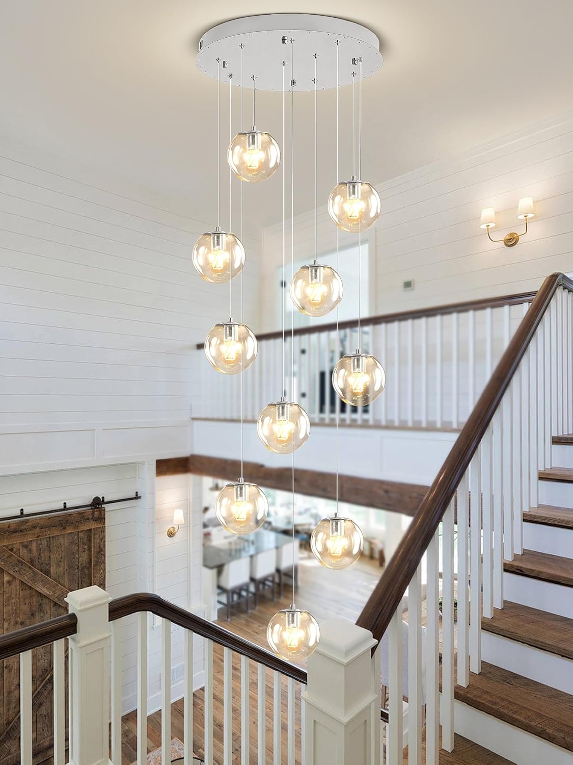 H118 Staircase Chandelier for Entryway Modern Globe Chandelier 12-Lights Glass Globe Pendant Light Large Chandeliers for High Ceiling Foyer Stairwell