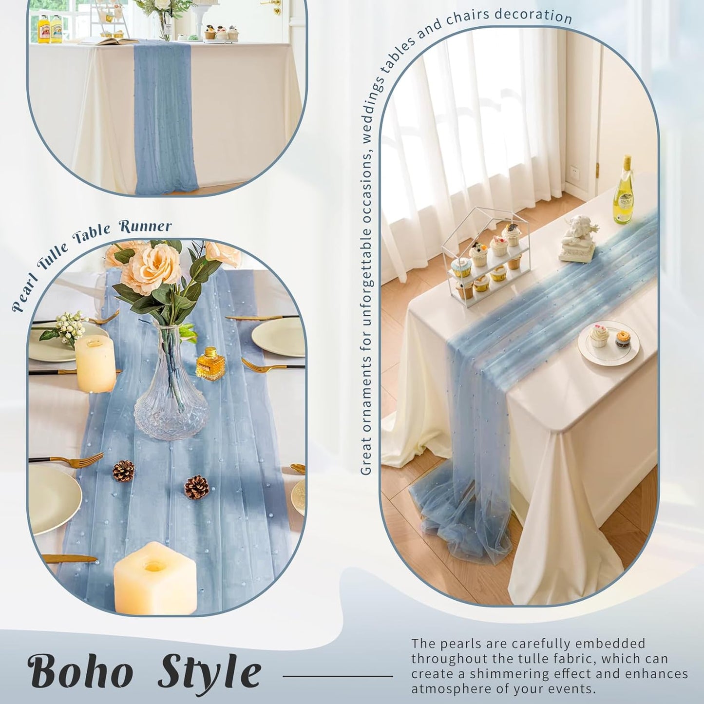 Pearl Table Runner 29 x 120 Inch Tulle Fabric Lace Table Runners Boho Rustic Tablecloth for Bridal Shower Birthday Party Wedding Arch Aisle Veil Dessert Table Decor(1 Pack, Dusty Blue)
