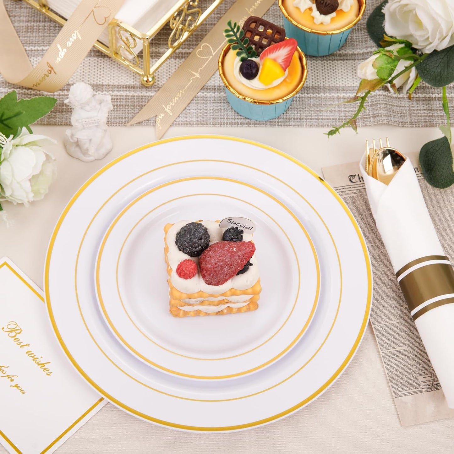 350Piece Gold Dinnerware Set for 50 Guests - Gold Plastic Plates with Disposable Cutlery Include:50Dinner Plates-50Dessert Plates-50Pre Rolled Napkins with Silverware for Thanksgiving