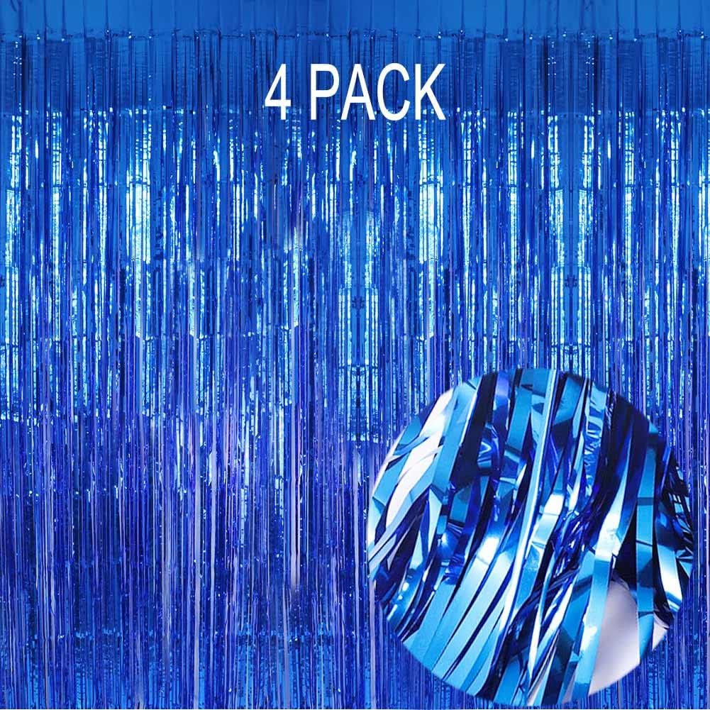 Blue Foil Fringe Curtain- 4 Pack of 3.2x8.2ft Blue Streamers Backdrop Curtains for Party Decorations