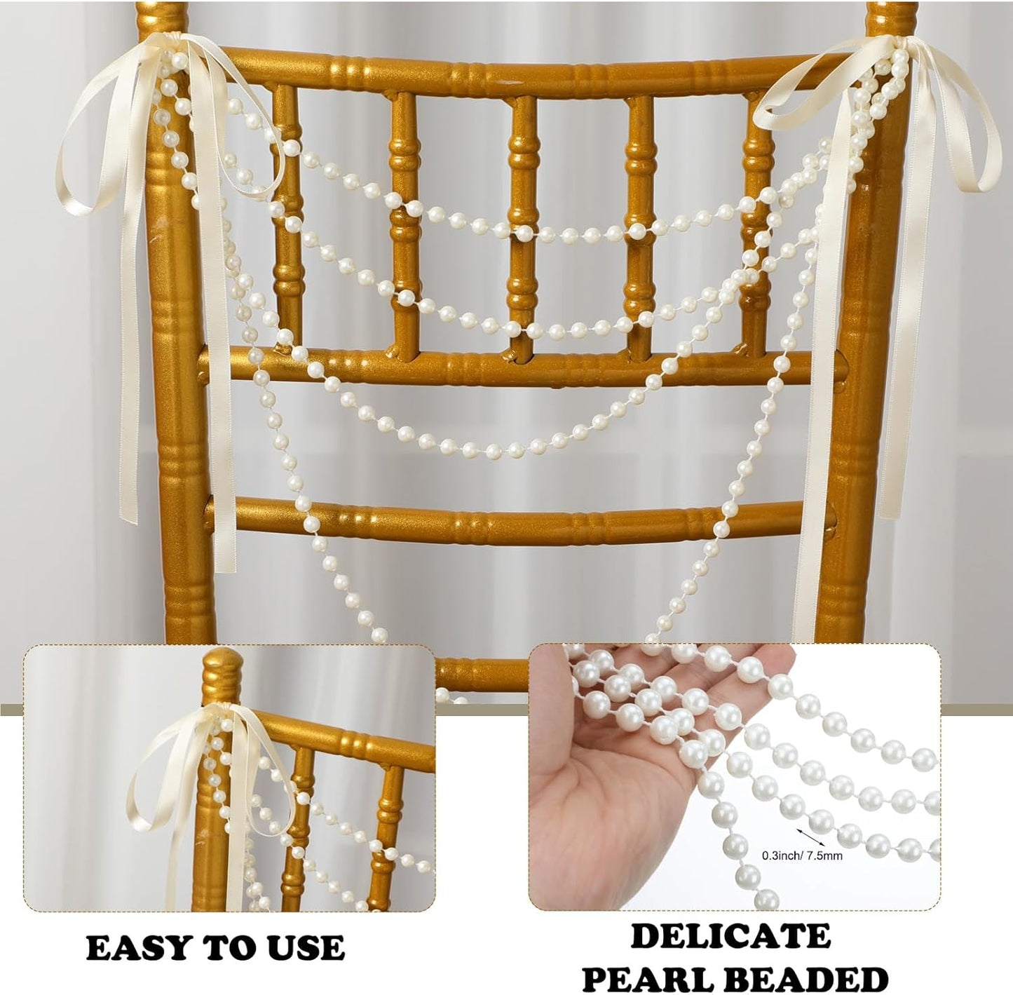 32 Pcs Wedding Pearl Bow Chair Decor Satin Ribbon Bows with Pearl Beaded String Garland Aisle Chair Sashes Decorations for Ceremony Coquette Party Banquet Decor (Ivory)
