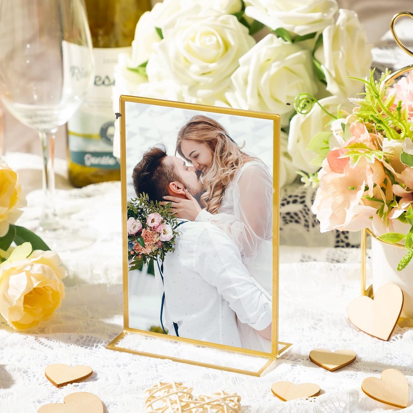 Hoteam 18 Pack Acrylic Sign Holder 5 x 7 Inch Gold Frames Wedding Table Number Holders, Double Sided Picture Frame Clear Display Menu Stand for Home Photo Flyers Wedding Party (Vertical)