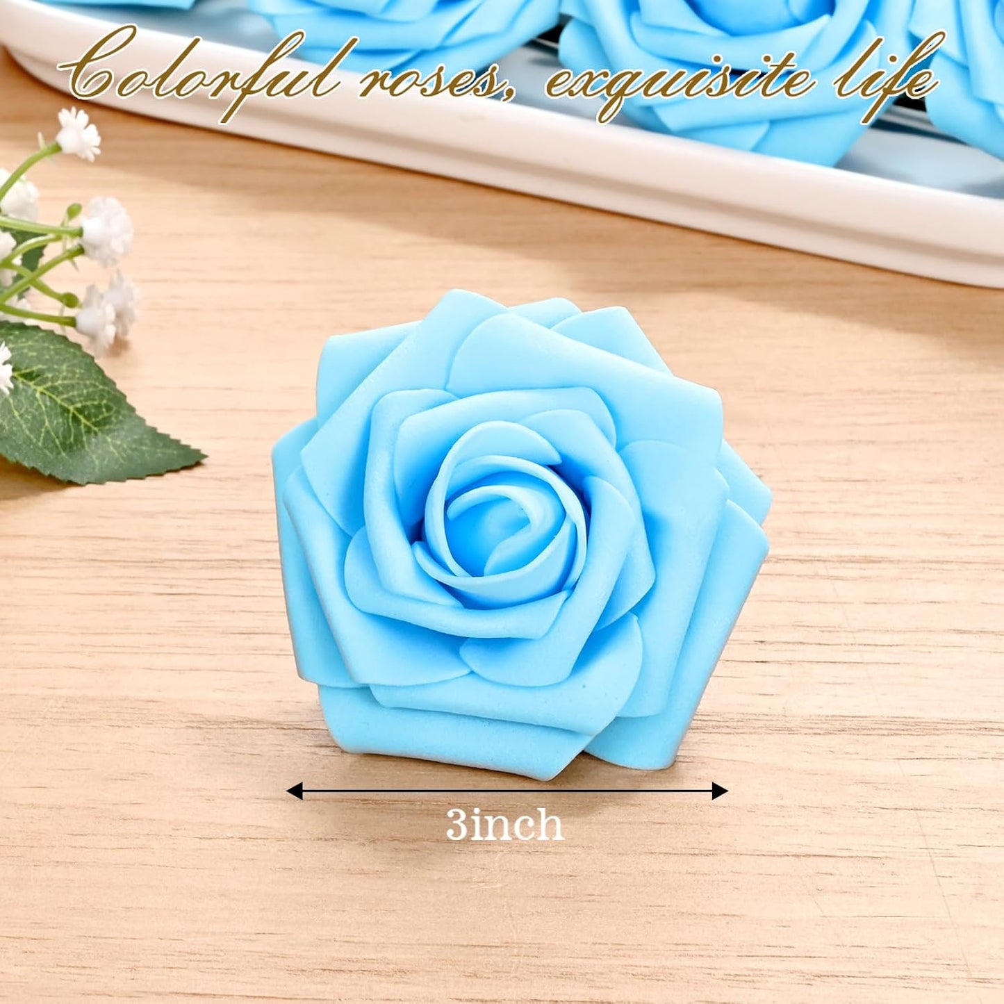 BLEUM CADE 36Pcs Artificial Flowers Fake Roses with Stems, Sky Blue Boxed Foam Roses for DIY Bouquets Centerpieces Wedding Party Arrangement Bridal Shower Decor