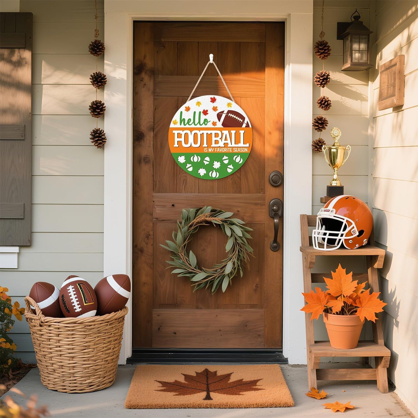 CHDITB Hello Football is My Favorite Season Front Door Sign Wreath(12"x12"), Wooden 3D Fall Decoration Wall Hanging, Farmhouse Rugby Autumn Harvest Maple Leaves Decor Hanger for Front Porch Outdoor