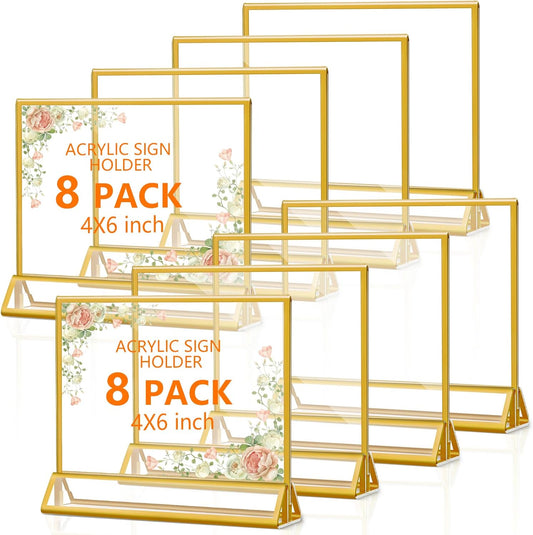 8 Pack Acrylic Sign Holders with Golden Border, Double Sided Clear Picture Frames, 6 x 4 Table Number Holders, Horizontal Menu Holders for Wedding Reception Art Display Party Decoration