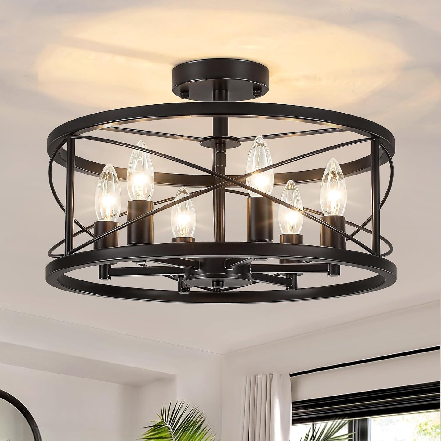 6-Light Black Semi Flush Mount Ceiling Light, 16.54'' Modern Farmhouse Close to Ceiling Light Fixtures, Ceiling Lamp for Hallway Entryway Kitchen Dining Room Living Room Bedroom Lights, UL Listed
