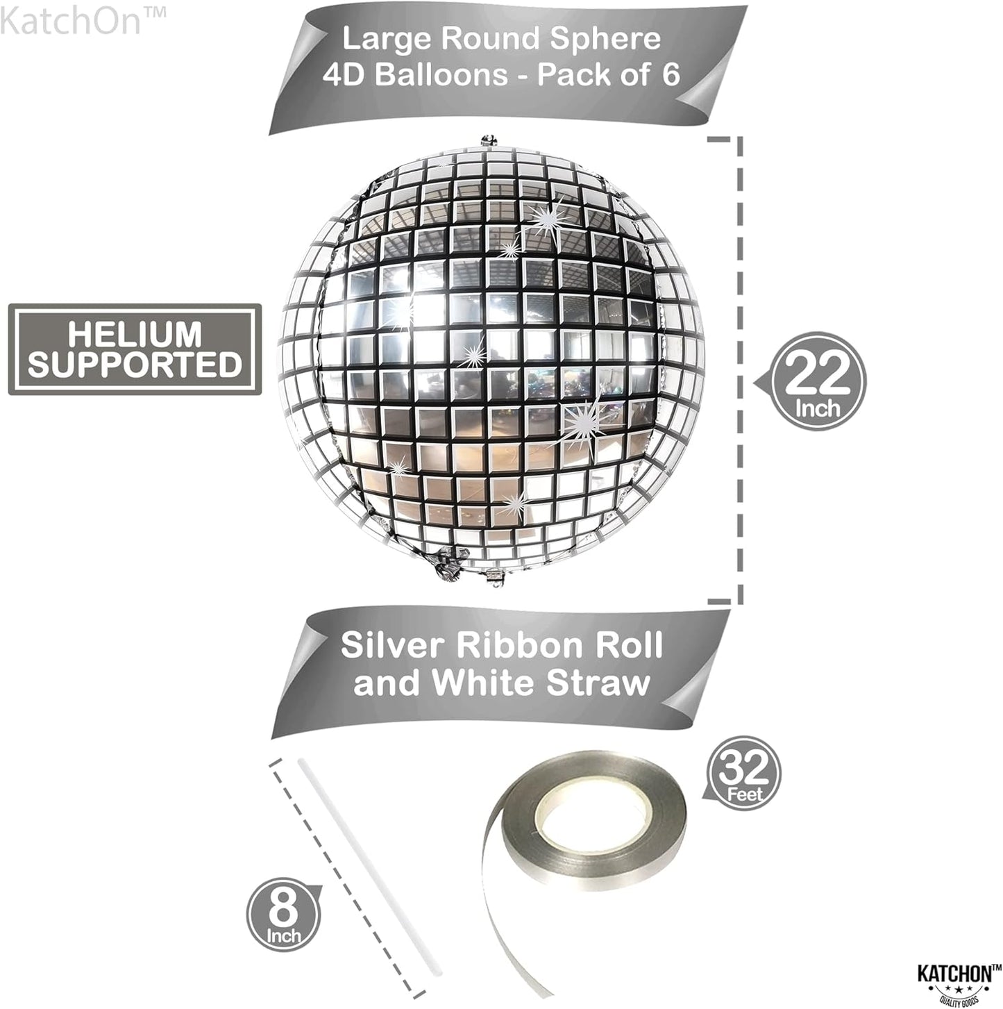 KatchOn, Big Silver Disco Ball Balloons - 22 Inch, Pack of 6 Disco Party Decorations | 4D Sphere Disco Balloons for Disco Bachelorette Party Decorations | Silver Birthday Decorations
