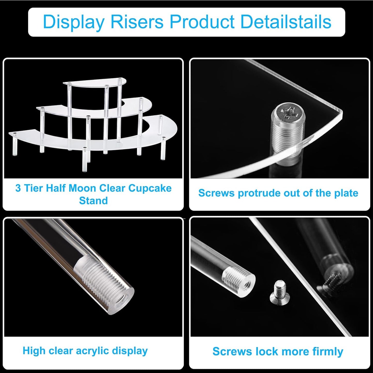 Acrylic Display Riser - 3 Tier Clear Cupcake Stand, Perfume Organizer, Half Moon Dessert Stand, Shelf for Food, Amiibo Funko POP Figure Display