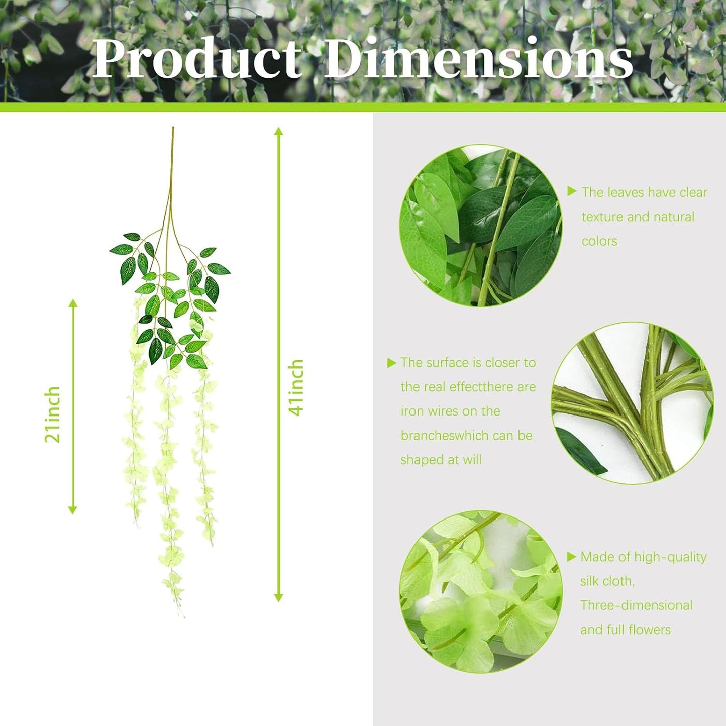 5 Pack Green Wisteria Hanging Flowers, 3.44 Ft Fake Hanging Flowers, Artificial Wisteria Garland Vines for Wedding Room Backdrop Outdoor Patio Garden Decoration