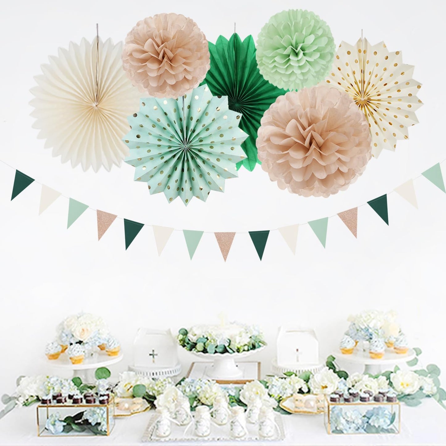 Olive-Sage Green Champagne-Gold Pink Party-Decorations - 20pcs Rustic Wedding Paper Lanterns Fans,Tissue Pom Poms,Honeycomb Balls,Bunting,Boho Bachelorette Neutral Baby Shower Decor Burgleda
